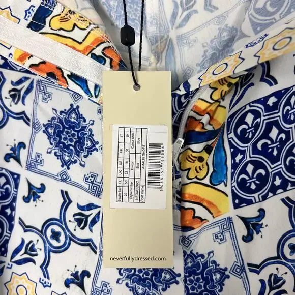 Never Fully Dressed Amalfi Tile Print High Rise Shorts Blue Yellow Boho Size 18 - Picture 8 of 10